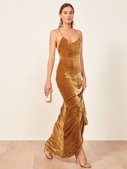 REFORMATION Rimini Dress Gold Velvet ~ long luxe slip