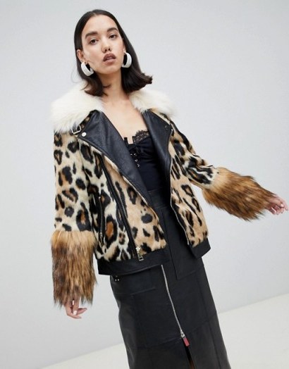 River Island studio faux fur aviator jacket in animal print / fluffy leopard biker - flipped