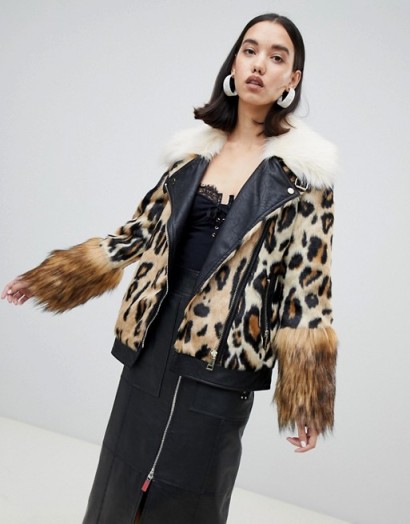 River Island studio faux fur aviator jacket in animal print / fluffy leopard biker