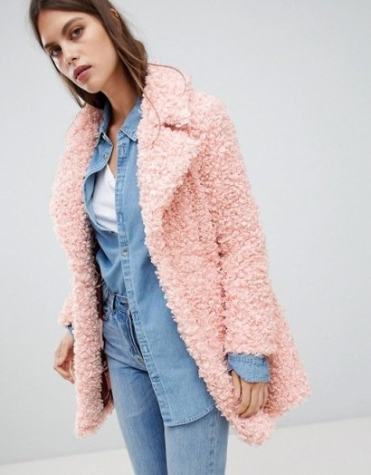 River Island teddy coat in pink | soft touch faux fur - flipped