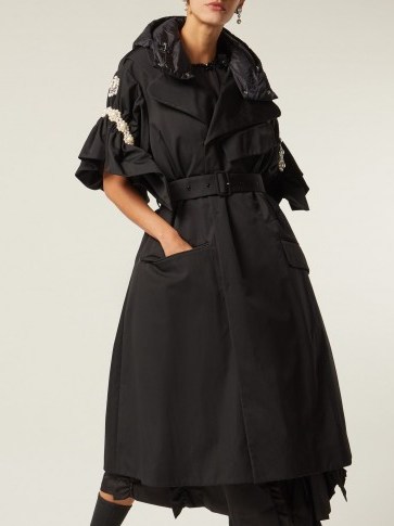 4 MONCLER SIMONE ROCHA Ruth black double-layer hooded trench coat ~ pearl embellished coat - flipped