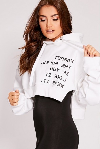 SARAH ASHCROFT WHITE FORGET THE RULES PRINTED OVERSIZED HOODIE – hooded slogan top - flipped