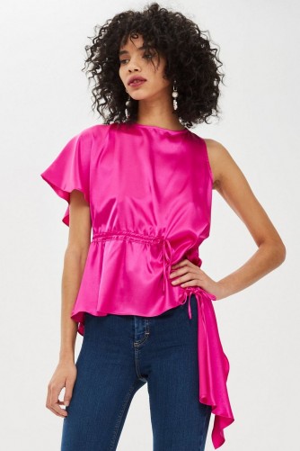 TOPSHOP Pink Satin Asymmetric Blouse – side draped one sleeve top