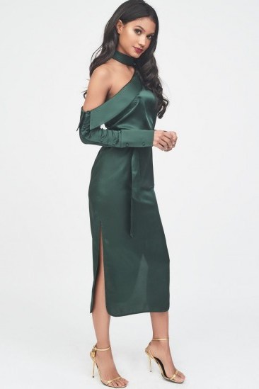 LAVISH ALICE satin choker neck off the shoulder midi shirt dress in forest green – luxe partywear - flipped