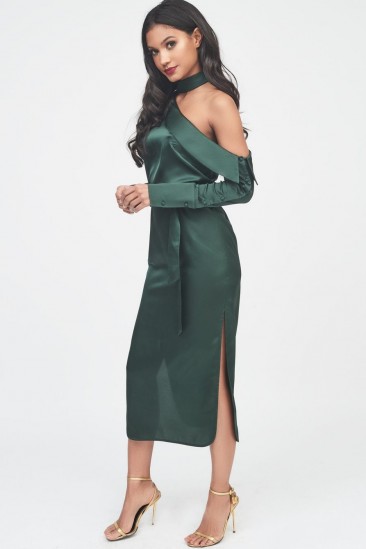 LAVISH ALICE satin choker neck off the shoulder midi shirt dress in forest green – luxe partywear