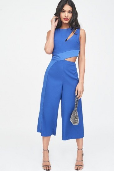 LAVISH ALICE satin panel cutout culotte jumpsuit in cobalt blue – cut out partywear - flipped