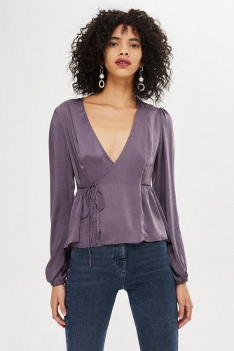 TOPSHOP Satin Wrap Blouse in Gunmetal ~ plunge front side tie top - flipped