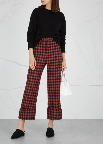 SEA NY Ethno Pop checked wool-blend trousers in orange and navy