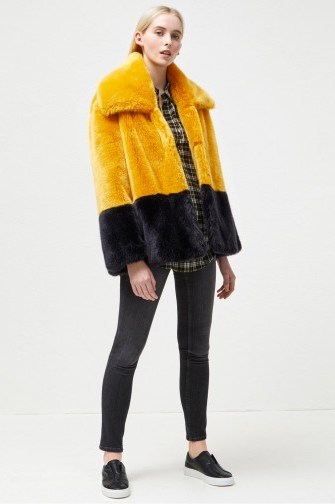 FRENCH CONNECTION SEBILLE FAUX FUR COAT – yellow and black colour block fluffy jacket – winter coats - flipped