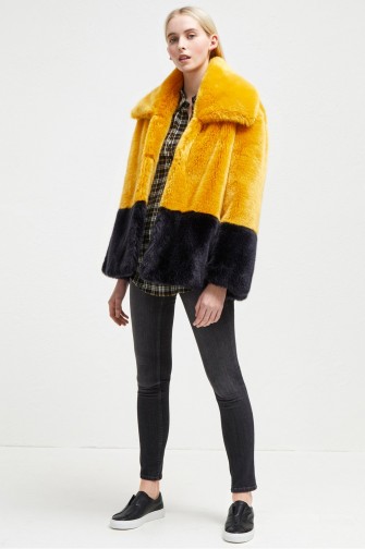 FRENCH CONNECTION SEBILLE FAUX FUR COAT – yellow and black colour block fluffy jacket – winter coats