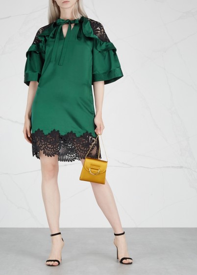 SELF-PORTRAIT Green lace-trimmed satin dress ~ feminine event wear