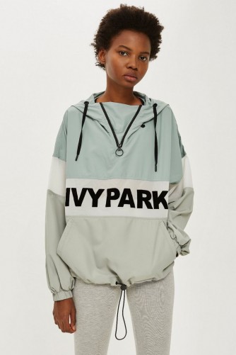Ivy Park Sheer Flock Logo Jacket Dusty Green ~ hooded sports top