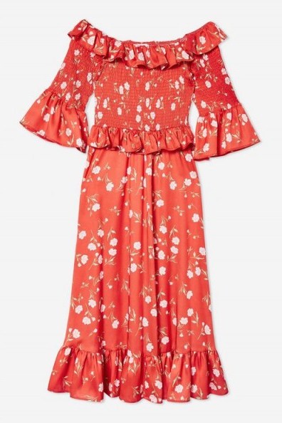 TOPSHOP Red Shirred Floral Print Bardot Dress / boho off shoulder - flipped