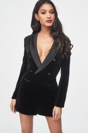 Lavish Alice soft velvet and satin mix tailored playsuit in black | plunge front tux style playsuits - flipped