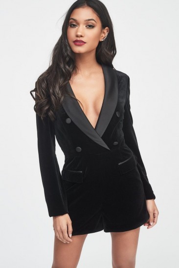 Lavish Alice soft velvet and satin mix tailored playsuit in black | plunge front tux style playsuits