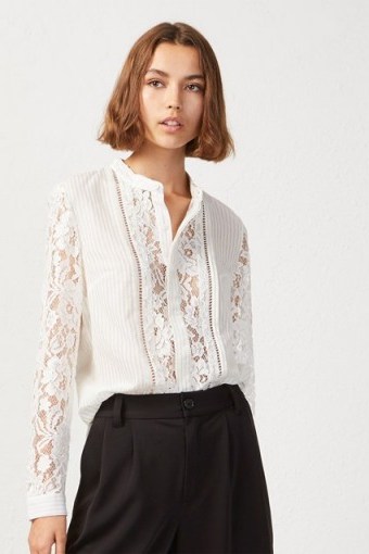 FRENCH CONNECTION SOUTHSIDE STRIPE LACE MIX SHIRT in Ecru – collarless – semi sheer panels - flipped