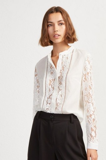 FRENCH CONNECTION SOUTHSIDE STRIPE LACE MIX SHIRT in Ecru – collarless – semi sheer panels