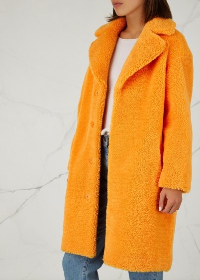 STAND Camille orange faux shearling coat / bright classic-style outerwear - flipped