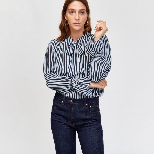 WAREHOUSE STRIPE TIE NECK BLOUSE / classic pussy bow - flipped