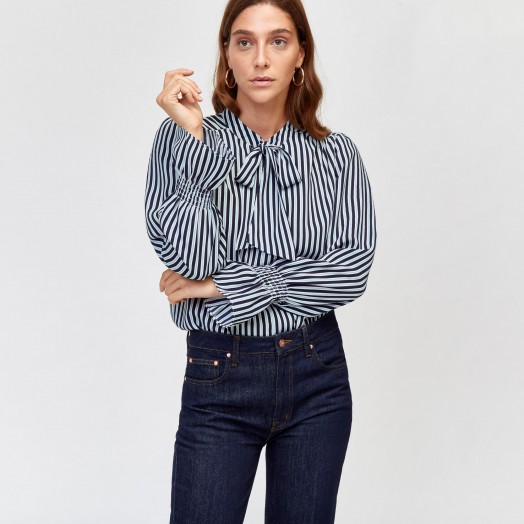 WAREHOUSE STRIPE TIE NECK BLOUSE / classic pussy bow