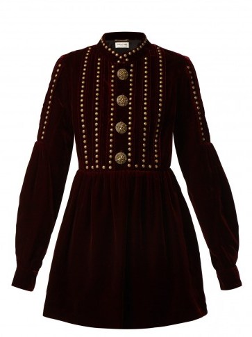 SAINT LAURENT Studded and pleated burgundy velvet mini dress ~ deep rich reds - flipped