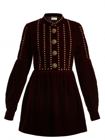 SAINT LAURENT Studded and pleated burgundy velvet mini dress ~ deep rich reds
