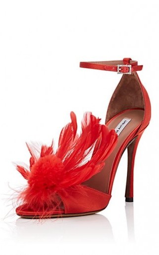 TABITHA SIMMONS Embellished Red Satin Ankle-Strap Sandals ~ feathered peep-toe shoes - flipped