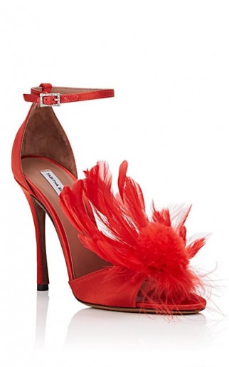 TABITHA SIMMONS Embellished Red Satin Ankle-Strap Sandals ~ feathered peep-toe shoes