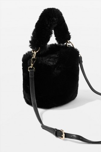 Topshop Teddy Black Faux Fur Bucket Bag | small fluffy top handle - flipped