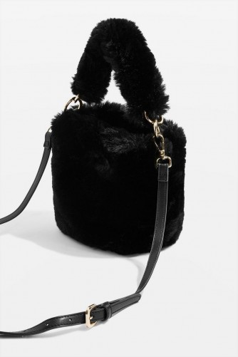 Topshop Teddy Black Faux Fur Bucket Bag | small fluffy top handle