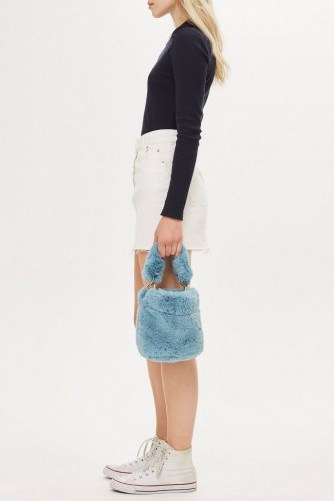 Topshop Blue Teddy Faux Fur Bucket Bag | small fluffy top handle bags - flipped