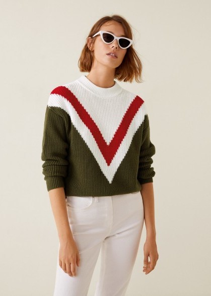Mango Tricolor cotton sweater in khaki – vintage inspired knitwear - flipped