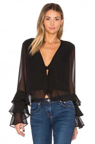 Tularosa WINNIE TIERED RUFFLE SLEEVE BLOUSE in Black | semi sheer | plunge front neck - flipped
