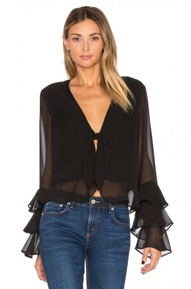 Tularosa WINNIE TIERED RUFFLE SLEEVE BLOUSE in Black | semi sheer | plunge front neck