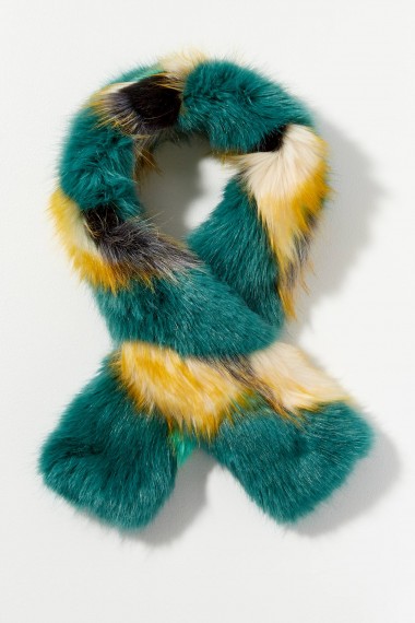 Helen Moore Two-Tone Faux-Fur Stole Green Motif ~ luxe style winter scarf