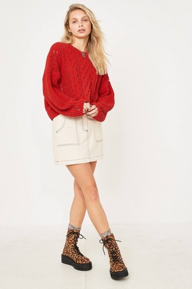 UO Red Cable Knit Chenille Jumper | autumn knitwear | loose dropped sleeves | soft feel - flipped