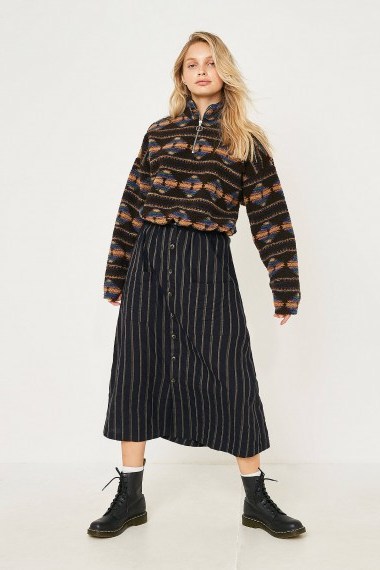UO Emilia Vertical Stripe Button-Though Midi Skirt in Black Multi | A-line skirts - flipped