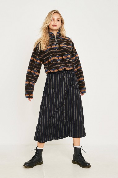 UO Emilia Vertical Stripe Button-Though Midi Skirt in Black Multi | A-line skirts