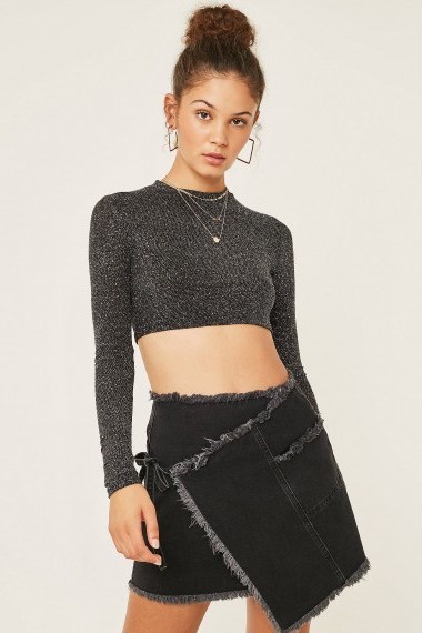 UO Frayed Wrap Mini Skirt in Black | asymmetric design - flipped