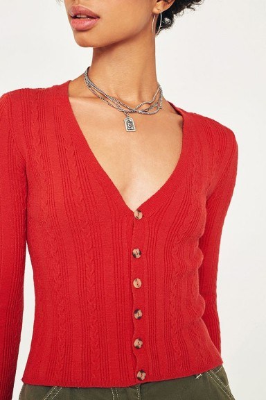 UO Mini Cable Knit Crop Cardigan in Red | autumn knits - flipped