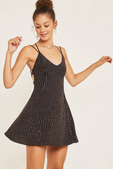 UO Tessa Rainbow Sparkle Strappy Low-Back Dress in Black | metallic thread party frock