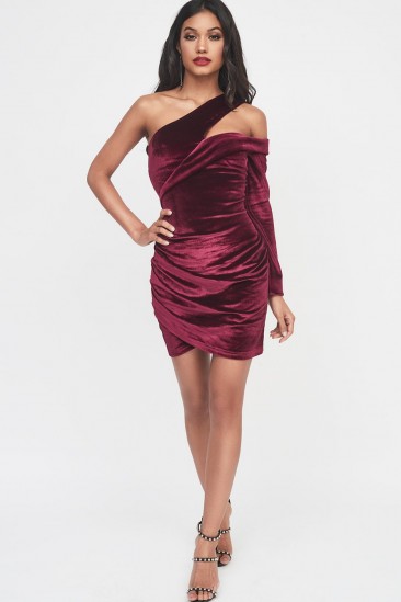 LAVISH ALICE velvet cut out shoulder gathered wrap mini dress in plum purple – luxe party wear