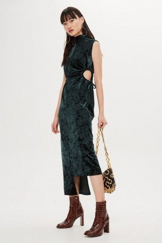 Topshop Velvet Ruched Midi Dress in Forest | green cut-out party frock - flipped