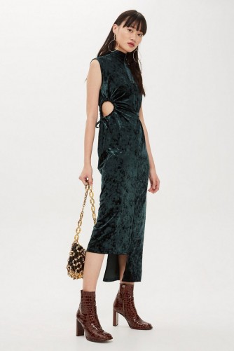 Topshop Velvet Ruched Midi Dress in Forest | green cut-out party frock