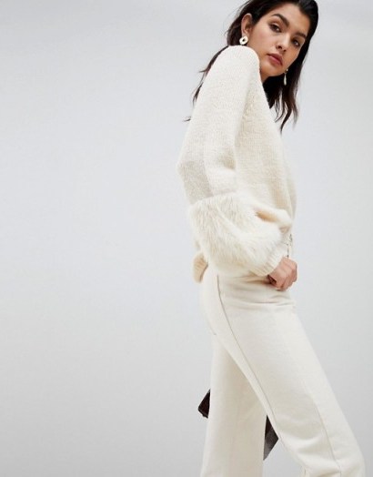 Vila Faux Fur Cuff Jumper in Sand Shell | luxe style crew neck - flipped