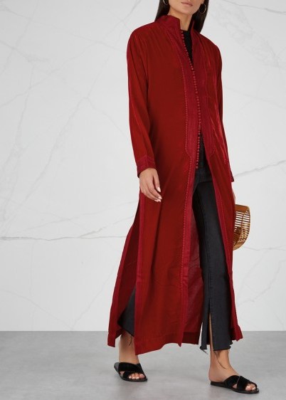 WE ARE LEONE Marrakesh red velvet maxi jacket ~ long boho style coat ~ luxe outerwear ~ bohemian look - flipped