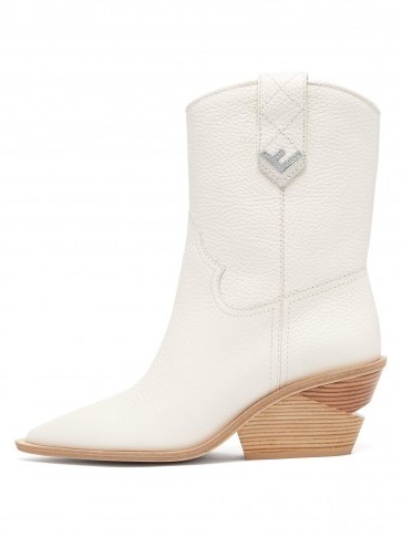 FENDI Western white leather ankle boots ~ cut-out block heel - flipped
