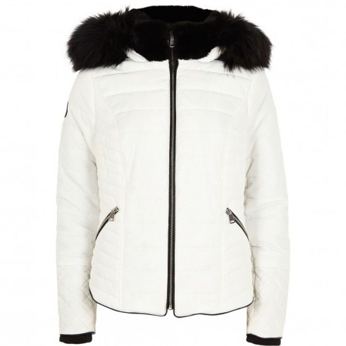 RIVER ISLAND White fur hood long sleeve padded jacket – mono winter jackets - flipped