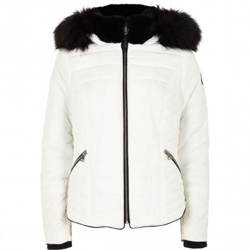 RIVER ISLAND White fur hood long sleeve padded jacket – mono winter jackets