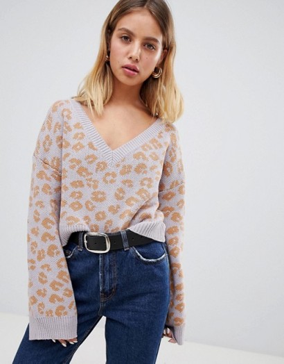 Wild Honey v neck jumper in leopard in lavender | animal print knitwear